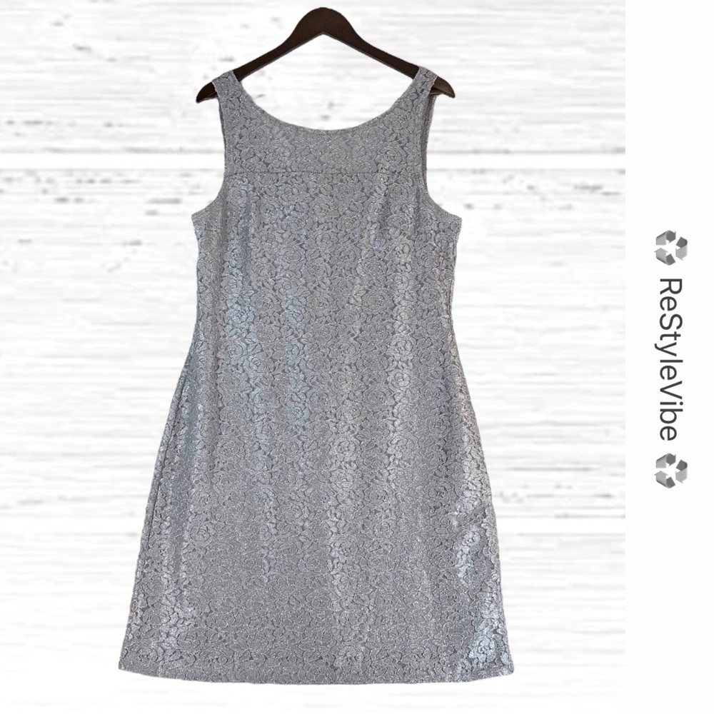 OLEG CASSINI Women’s Size 14 Dress Sheath Lace Lined Embellished Sparkle Silver